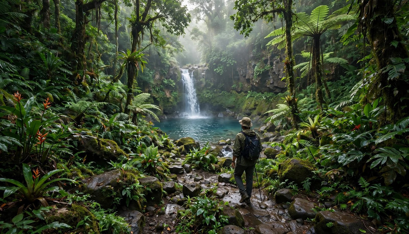 One hiker approaches a clear waterfall pool along a rocky rainforest trail.