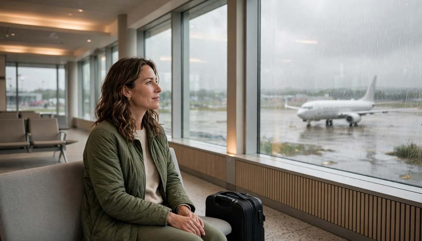 A traveler waits alone by a rainy airport window with a carry-on nearby.