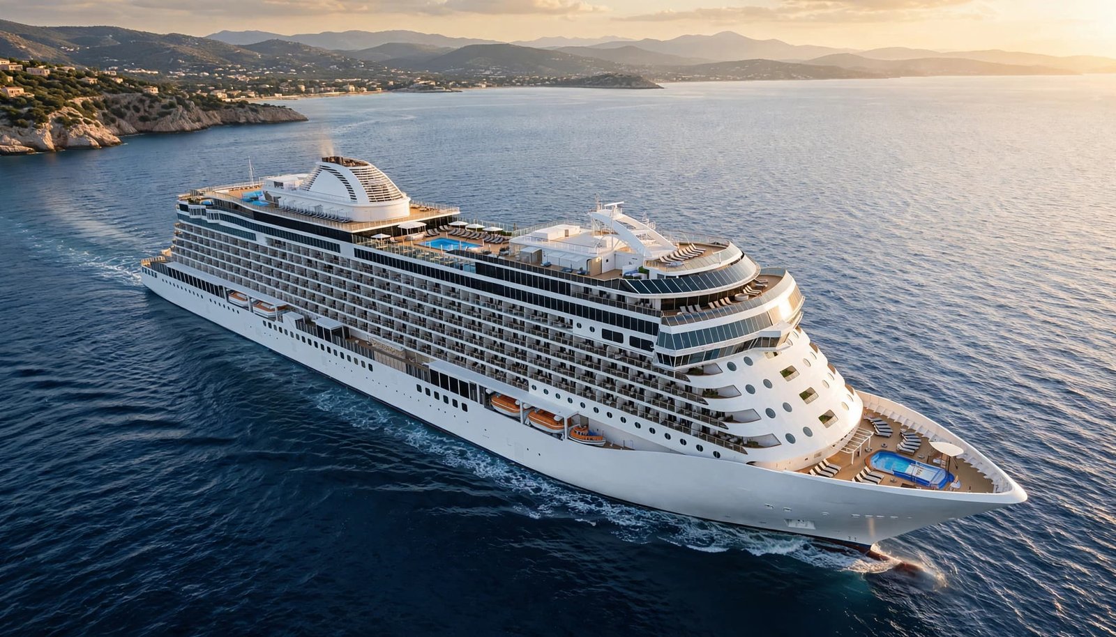 Modern luxury cruise ship sailing on calm blue Mediterranean water.