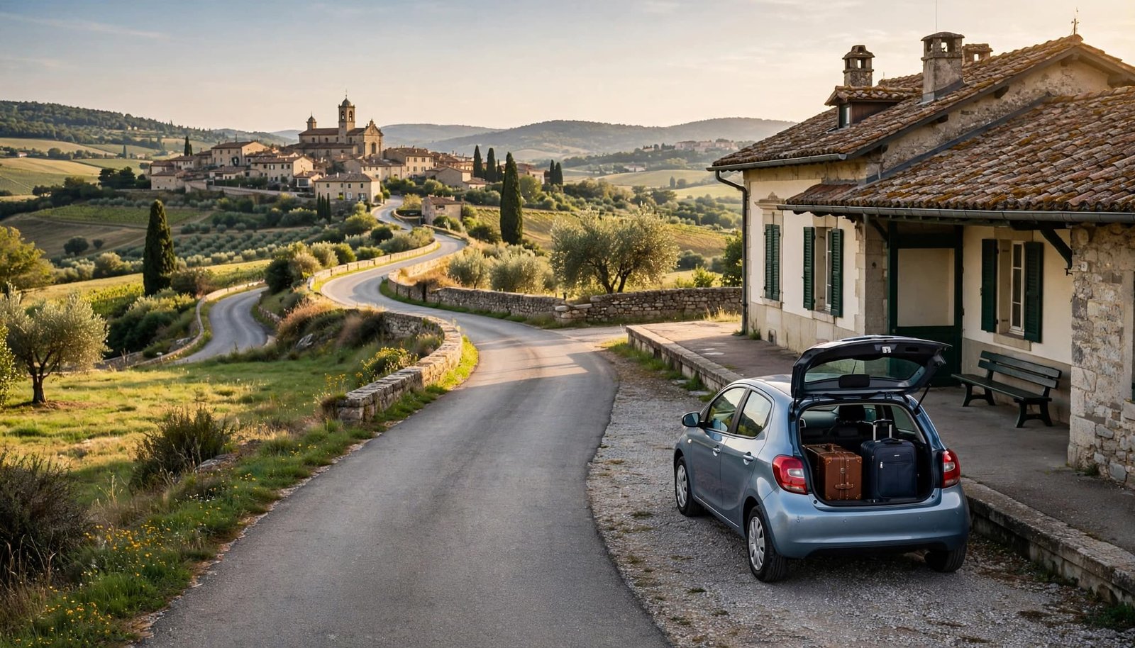 Rental car with suitcases parked beside a countryside train station and winding road.