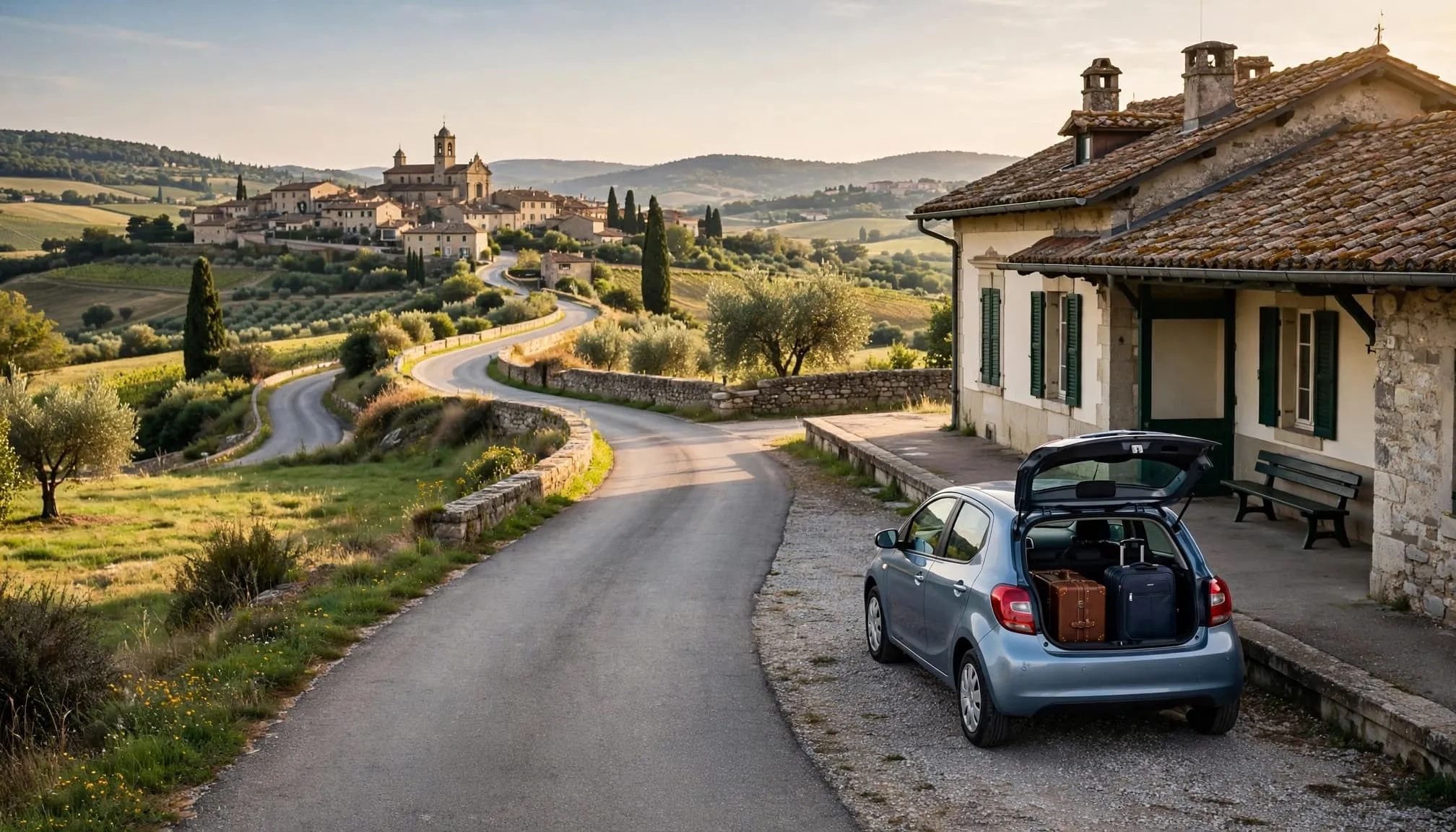 Rental car with suitcases parked beside a countryside train station and winding road.