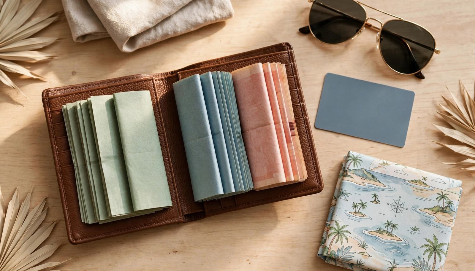 Travel wallet with mixed currencies, resort card, sunglasses, and map.