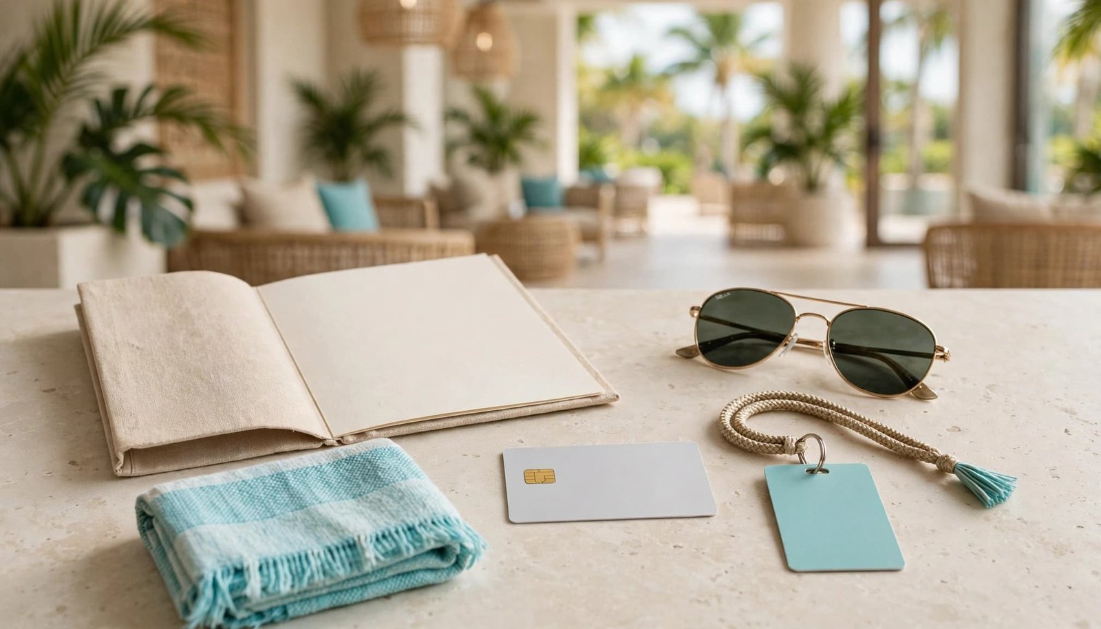 A room key, payment card, folio, sunglasses, and towel rest on a stone counter.