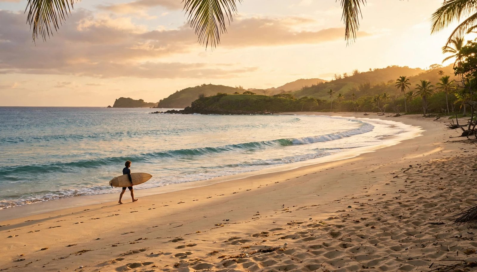 A surfer carries a board along a golden beach toward gentle waves.