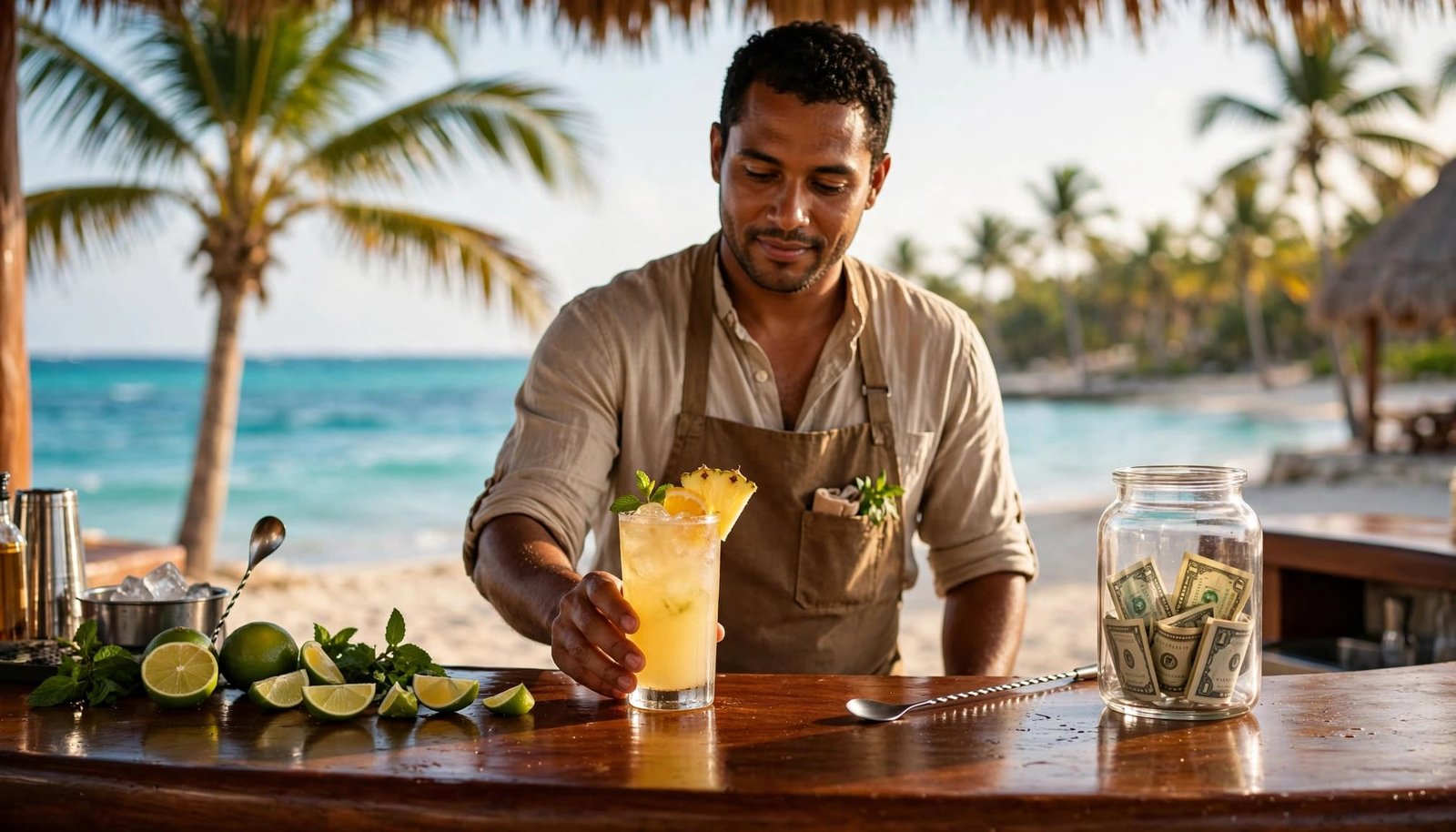 Bartender serving a tropical drink beside a tip jar at a sunny beach bar.