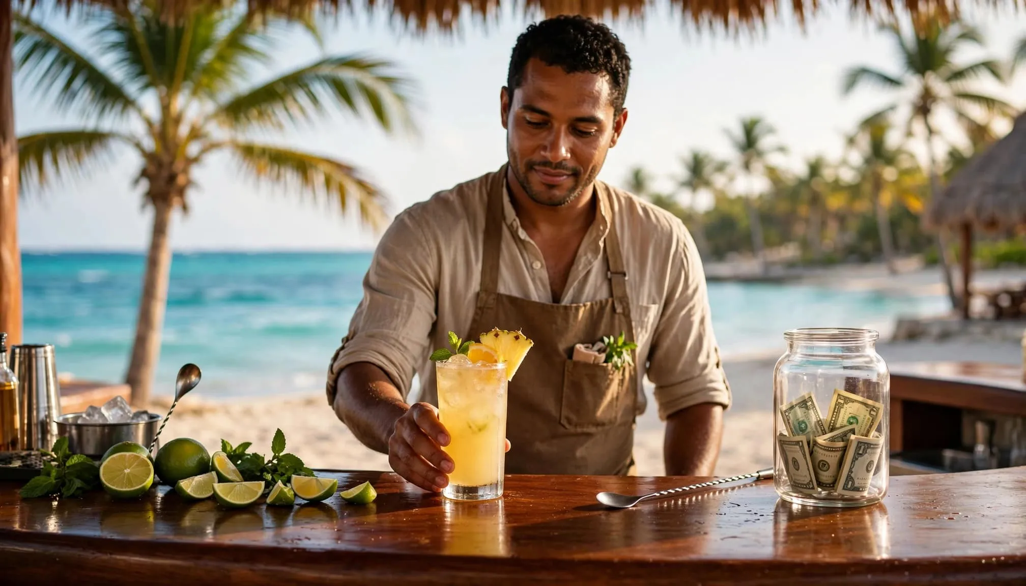 Bartender serving a tropical drink beside a tip jar at a sunny beach bar.