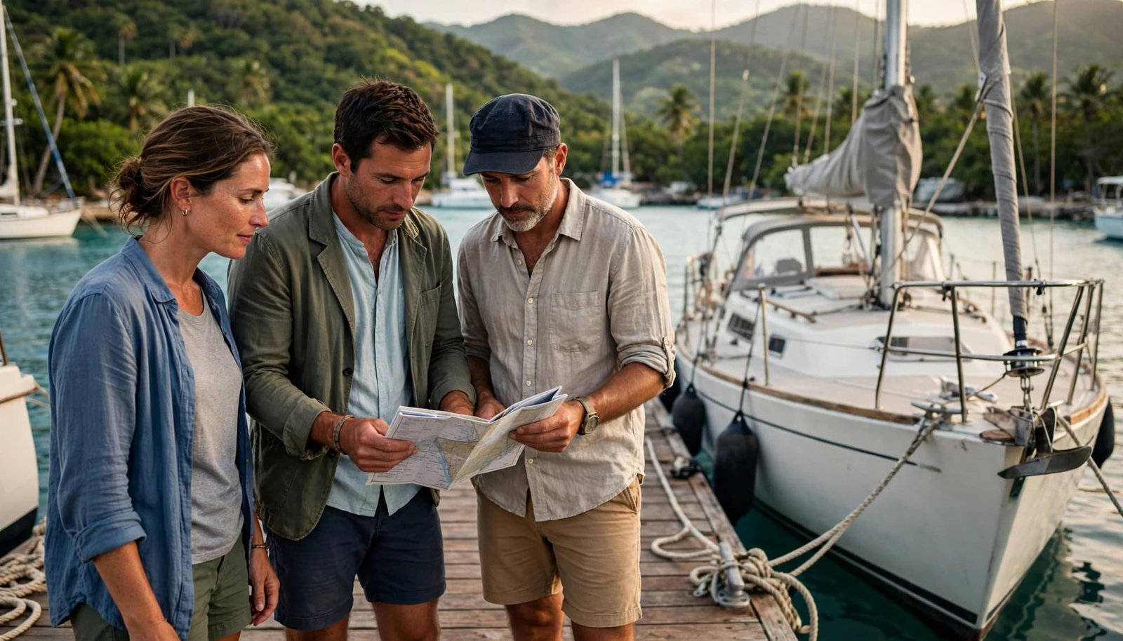 Three sailors study a chart beside a sailboat on a dock.