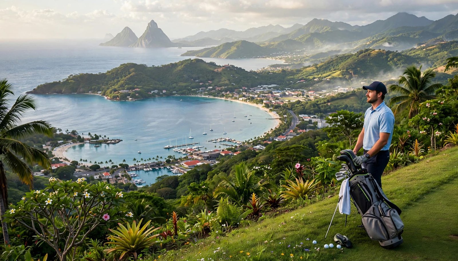 Golfer overlooking Saint Lucia golf fairway, tropical palms, blue Caribbean water, hills, and the Pitons in soft morning light.