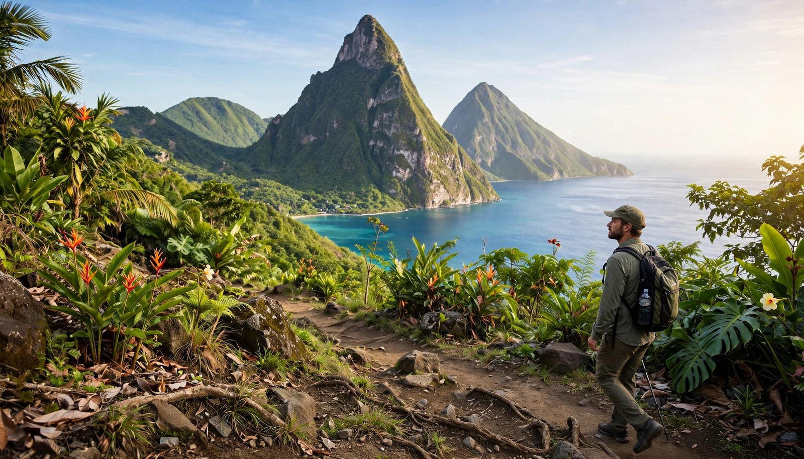 A hiker walks toward the Pitons above turquoise Caribbean water.