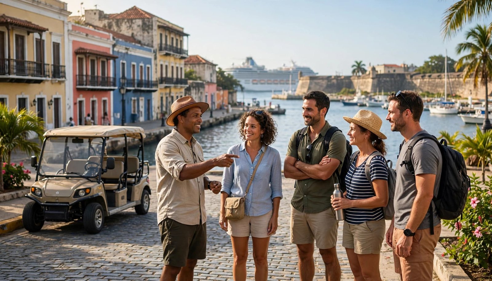 Four travelers and a local guide stand beside an open-air vehicle on a colorful San Juan waterfront.