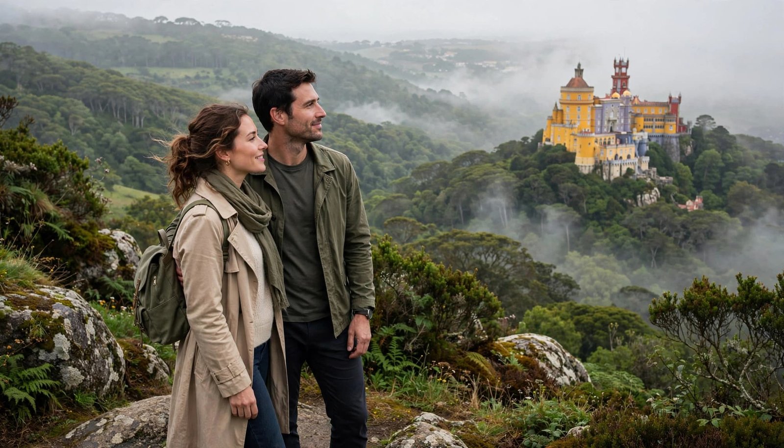 A couple overlooks a misty green Portuguese palace landscape.