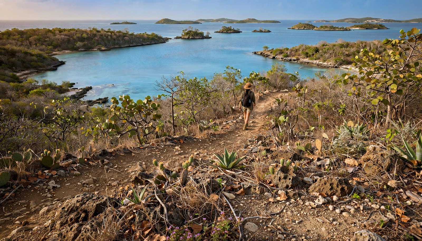 A lone hiker on a coastal trail overlooking a turquoise Caribbean bay.