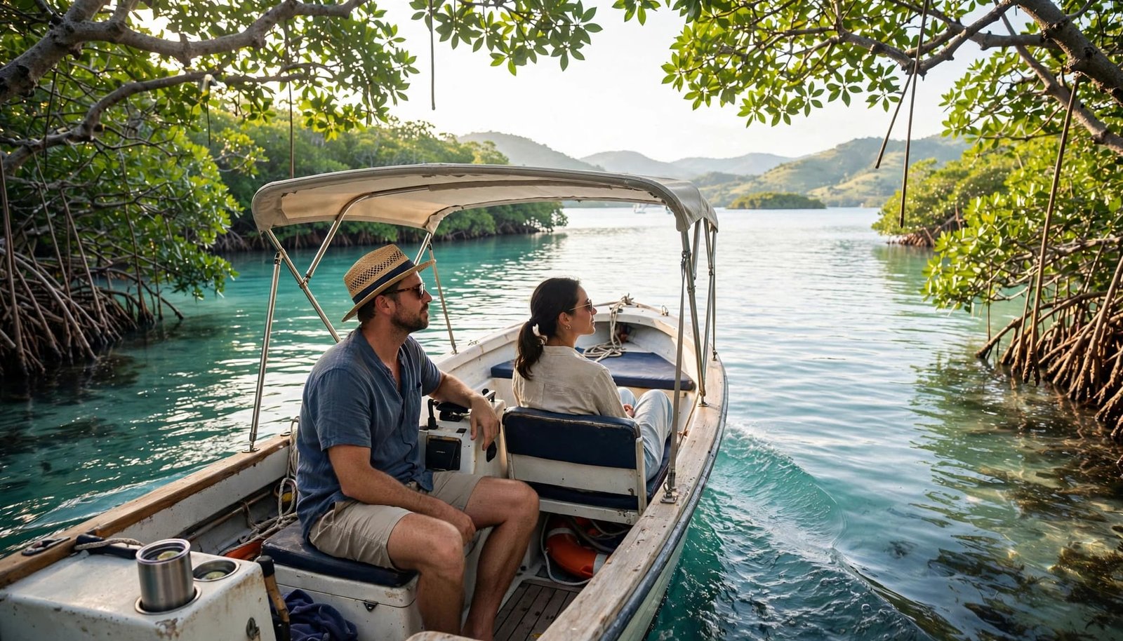 A captain and guest ride in a skiff between green mangroves on turquoise water.