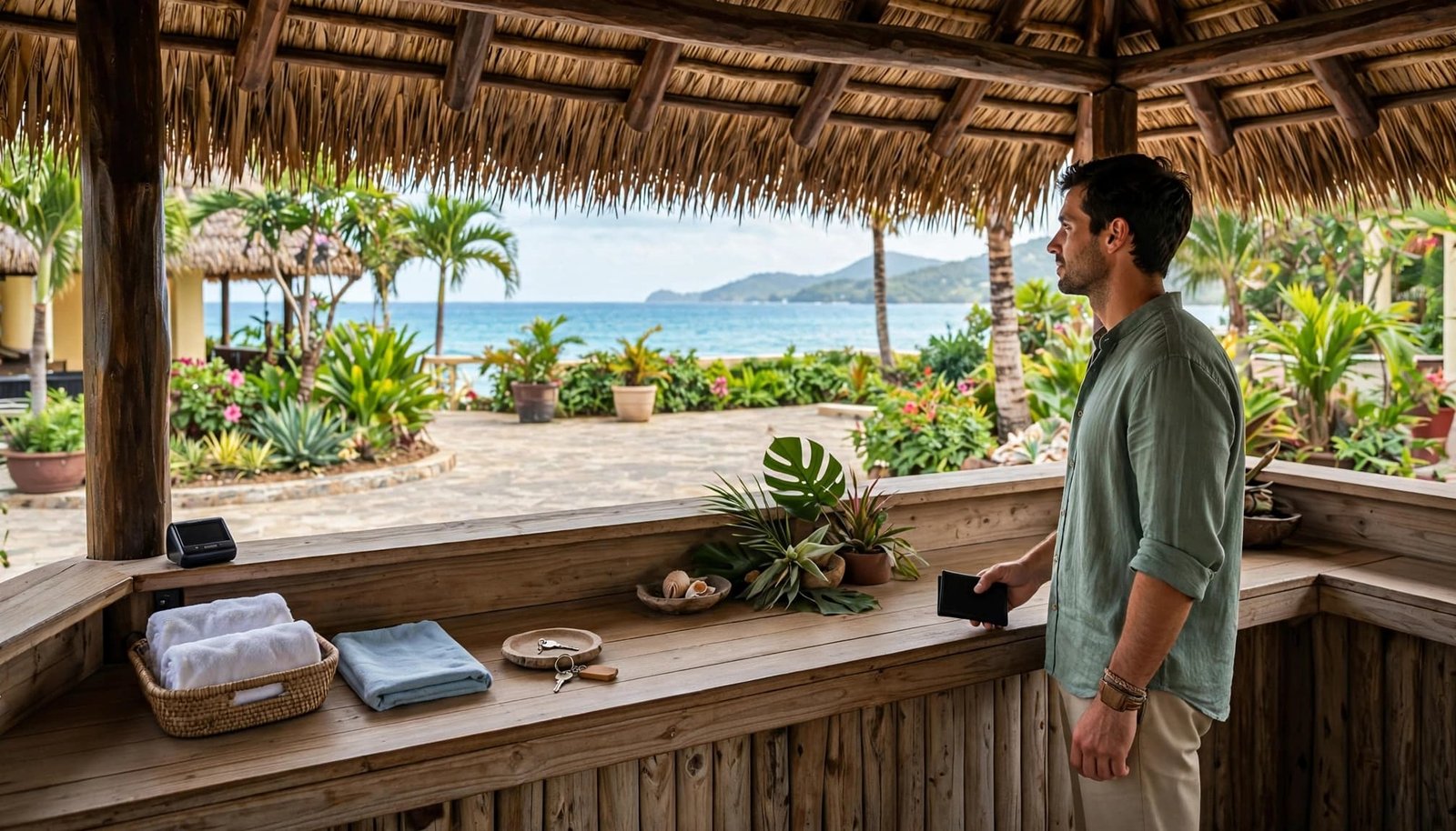 A traveler holds a passport wallet beside a resort counter overlooking the ocean.