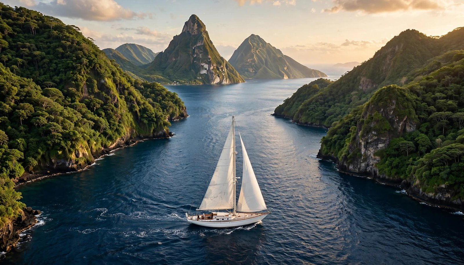 A white sailboat crosses blue water near green volcanic islands.
