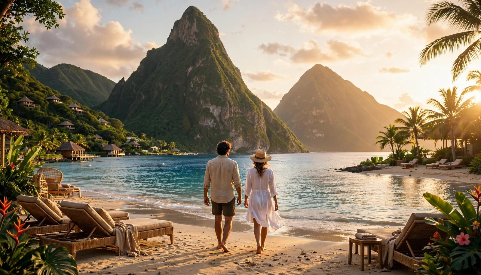 Two adults walk beside a resort beach with turquoise water and the Pitons behind them.