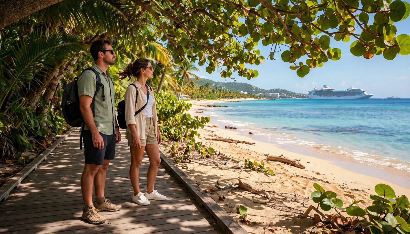 Two travelers look toward a Caribbean beach as a cruise ship sits offshore.