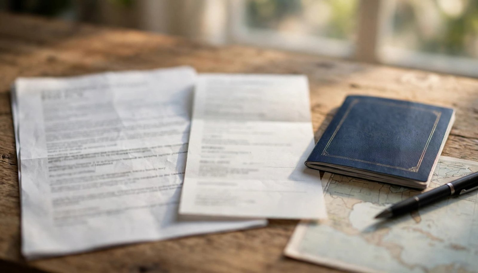 Blurred travel documents, passport, and pen beside a Caribbean map on a sunlit wooden table.