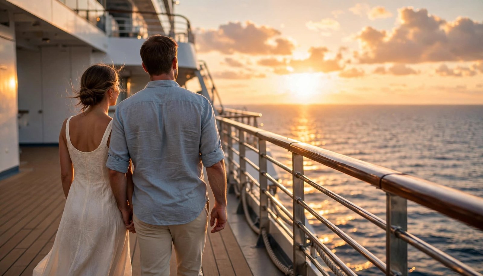 A couple stands at the ship railing, watching the sunset over the ocean.