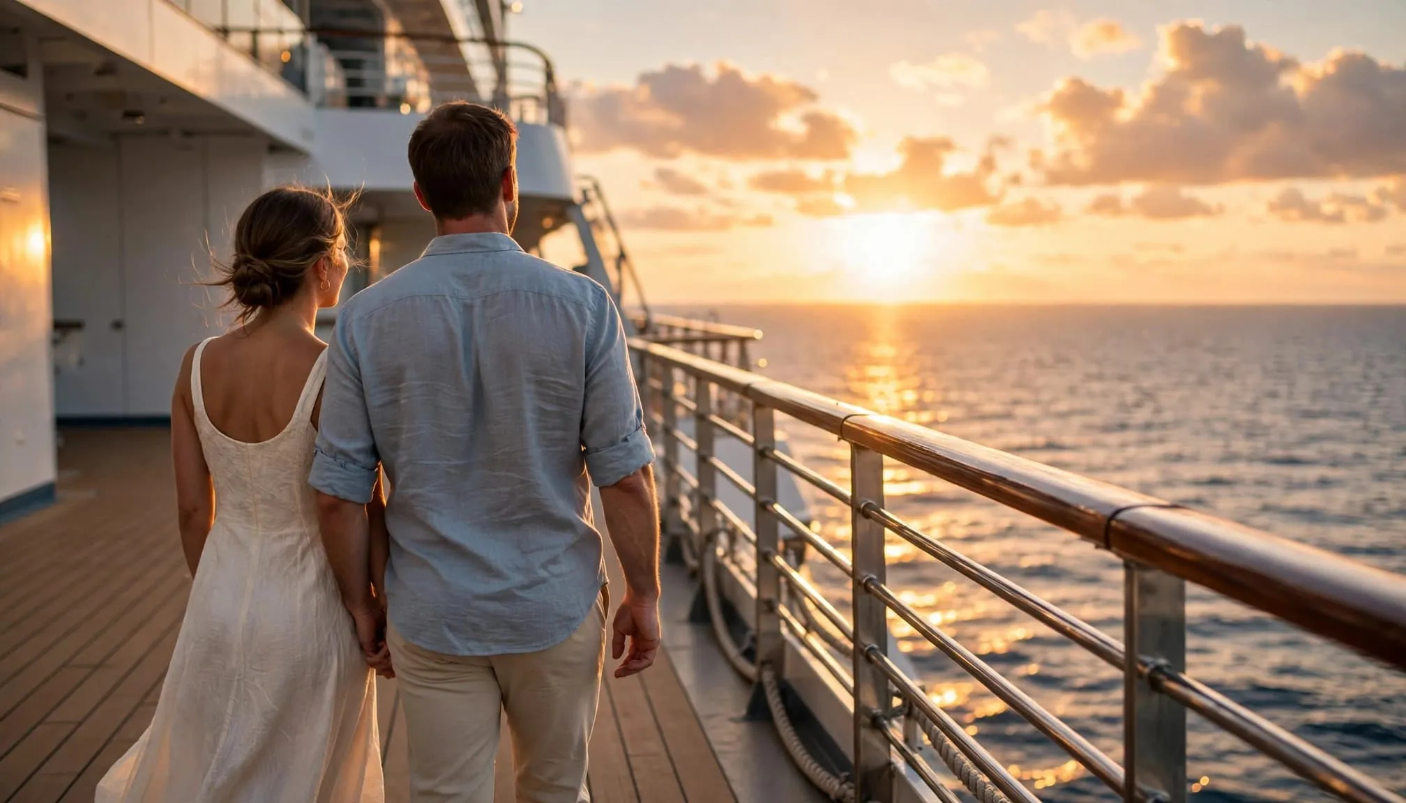 A couple stands at the ship railing, watching the sunset over the ocean.