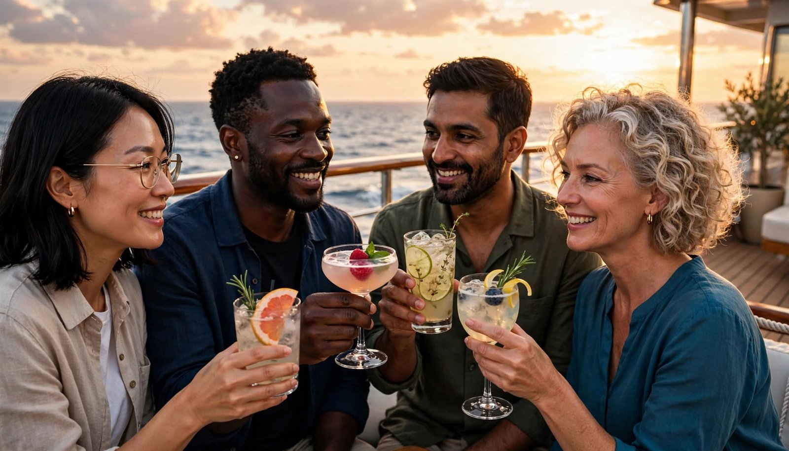 Four travelers toast with nonalcoholic drinks on a cruise deck at sunset.