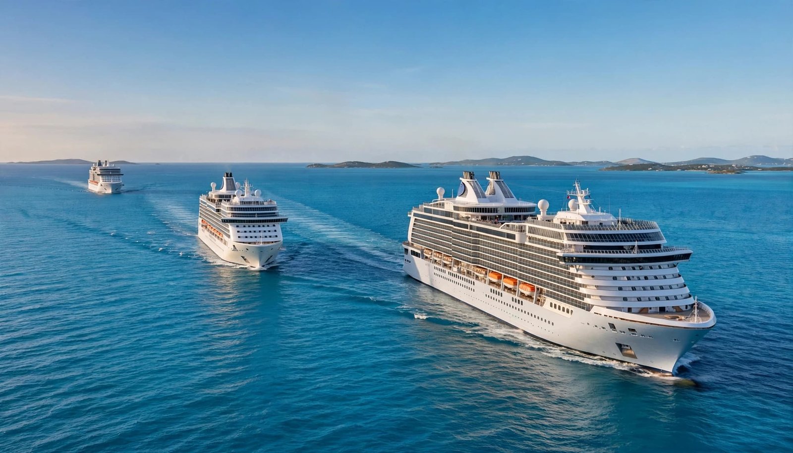 Three modern cruise ships sail across the Caribbean Sea toward low islands.