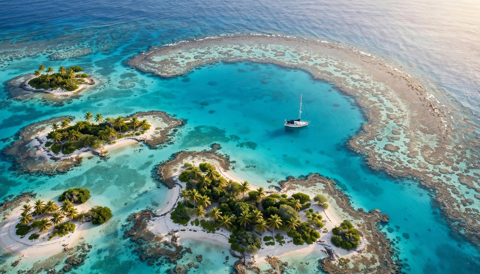 A sailboat rests inside a coral reef near green islets and white sand.