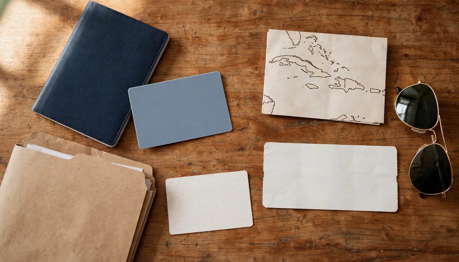 Travel documents, sunglasses, and a Caribbean map arranged on a wooden table.