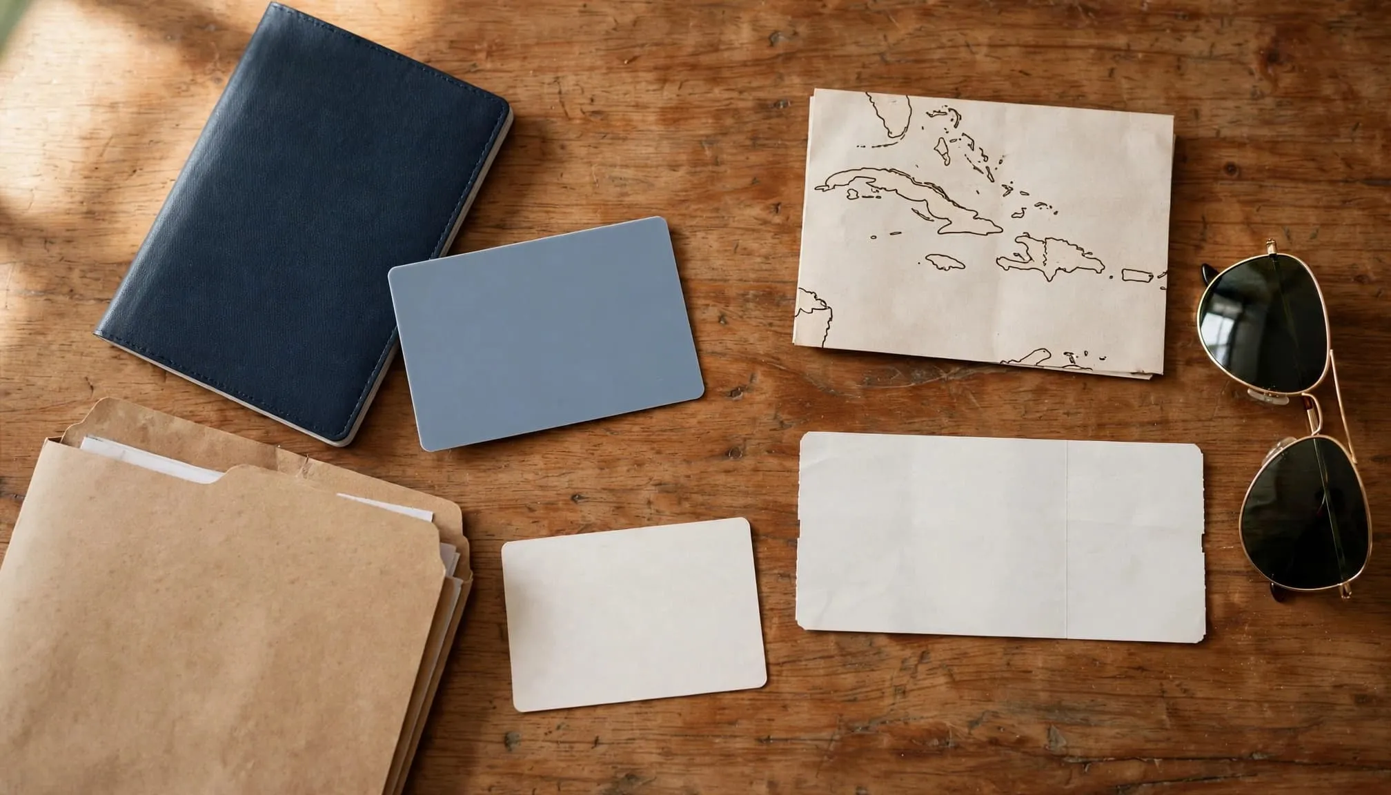 Travel documents, sunglasses, and a Caribbean map arranged on a wooden table.