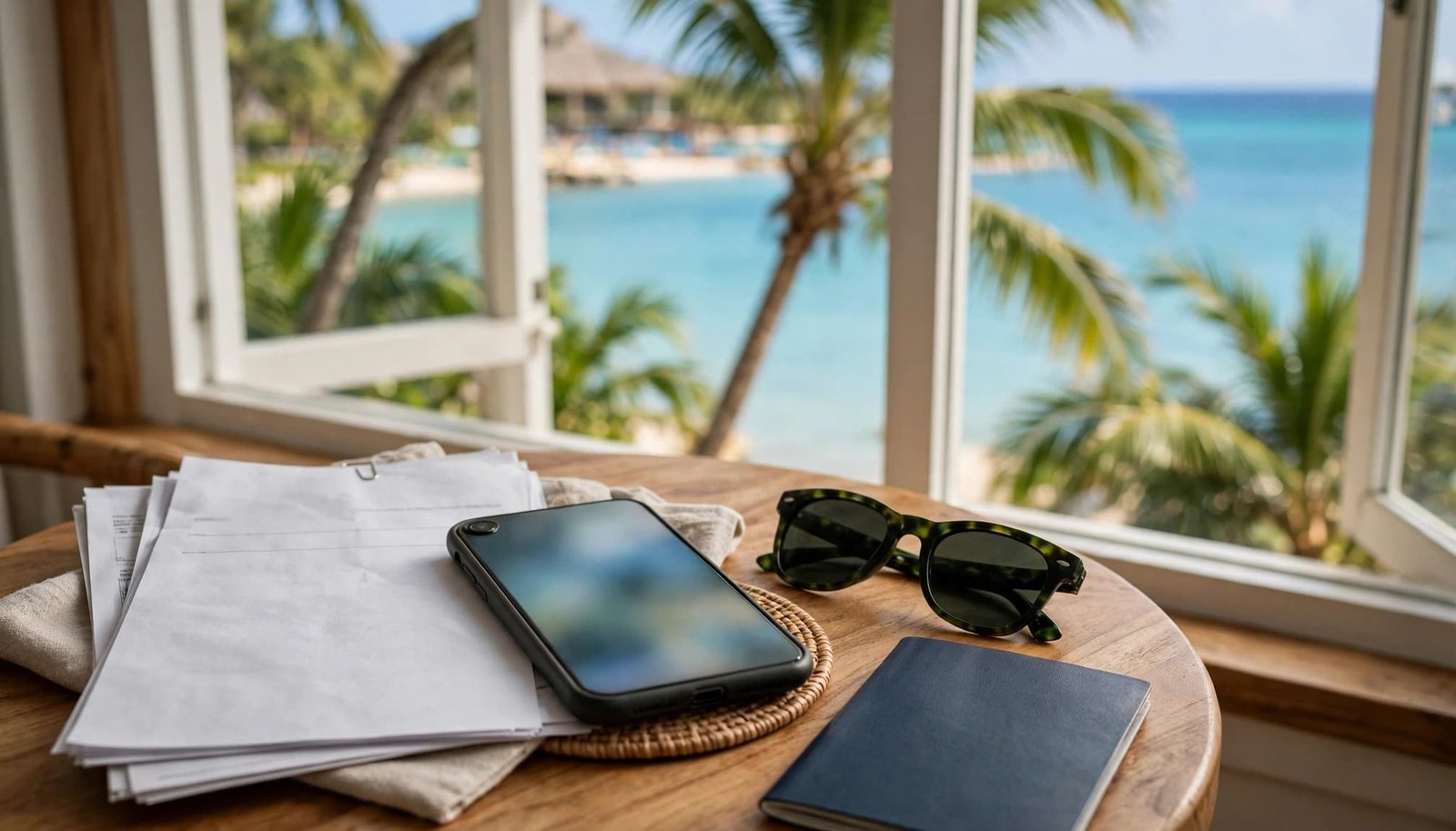 Travel papers, a phone, passport, and sunglasses sit beside a window overlooking the ocean.