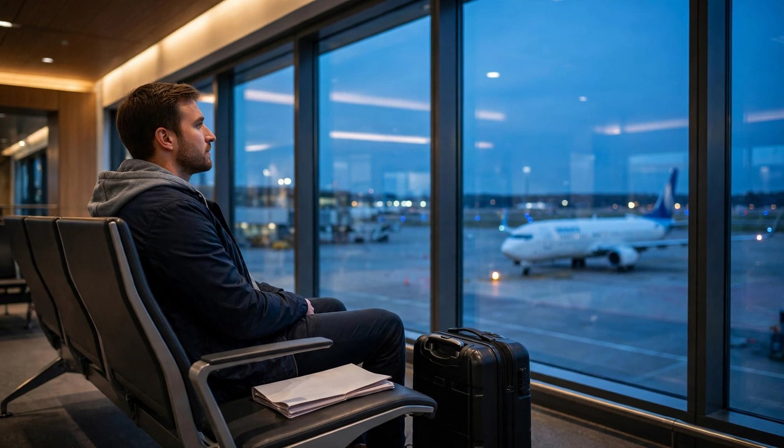 A traveler watches a plane from an airport window with a carry-on beside the seat.