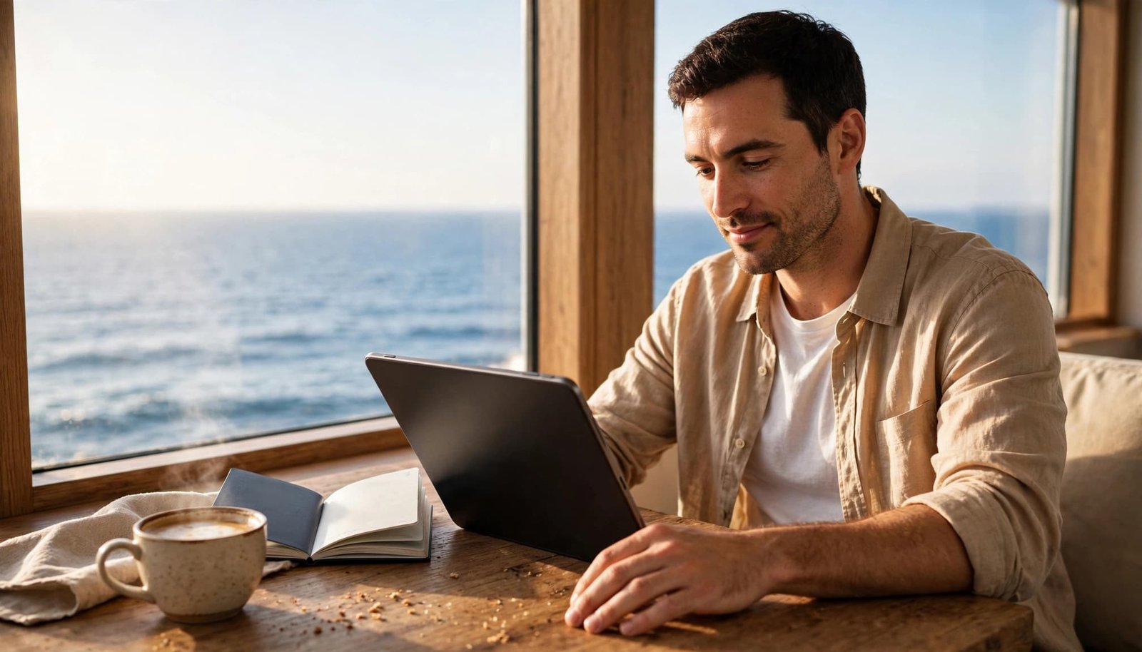 A traveler checks a tablet beside an ocean view, with a passport and coffee nearby.