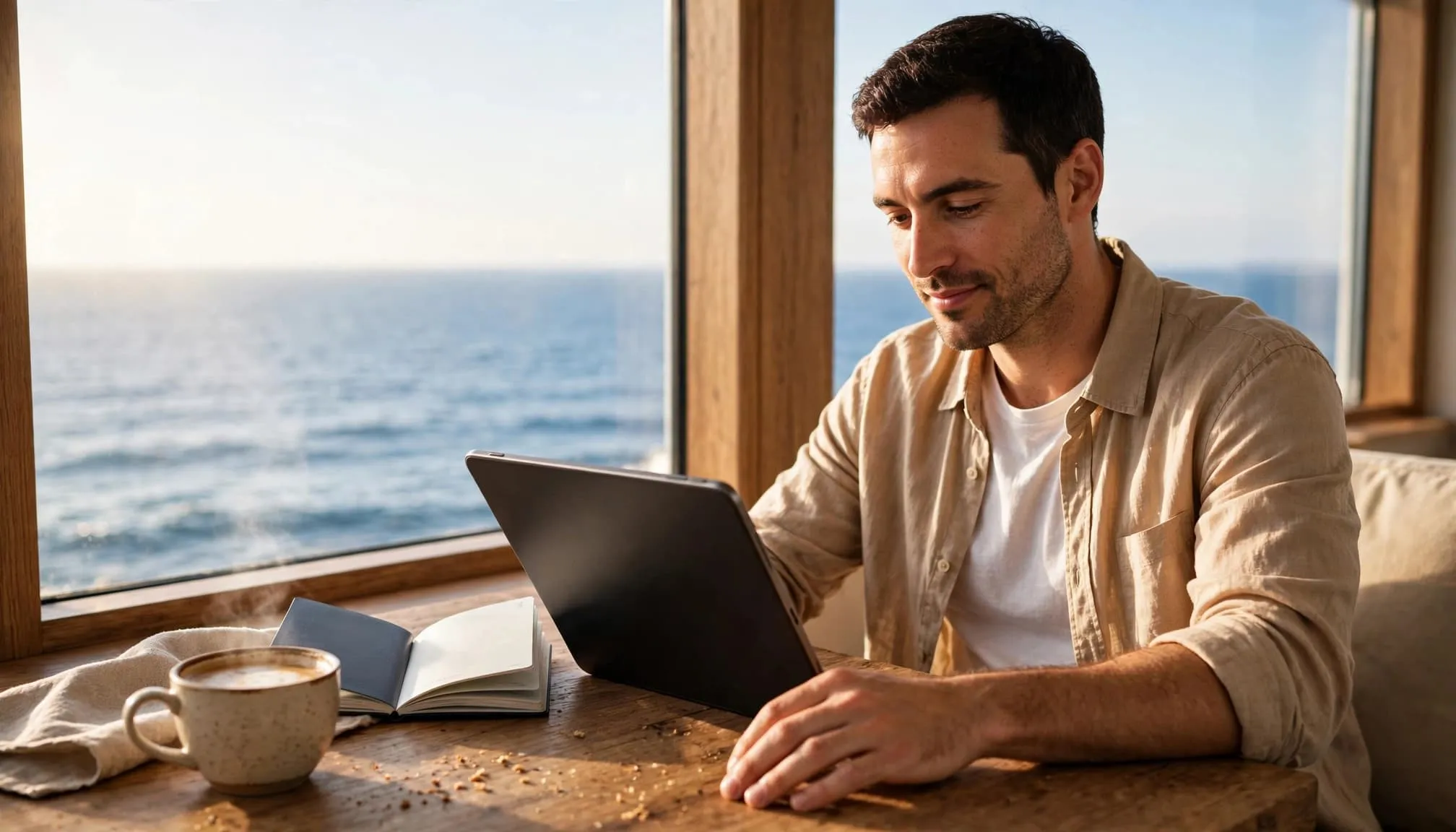 A traveler checks a tablet beside an ocean view, with a passport and coffee nearby.