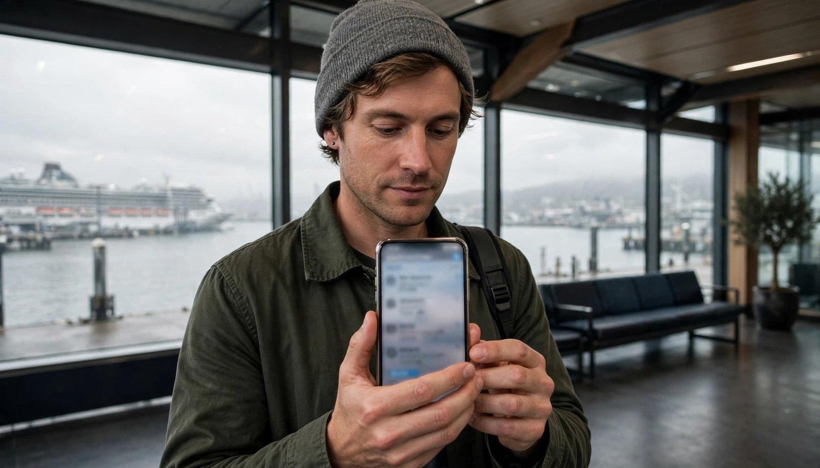 A traveler checks a smartphone beside terminal windows overlooking a gray harbor and cruise ship.