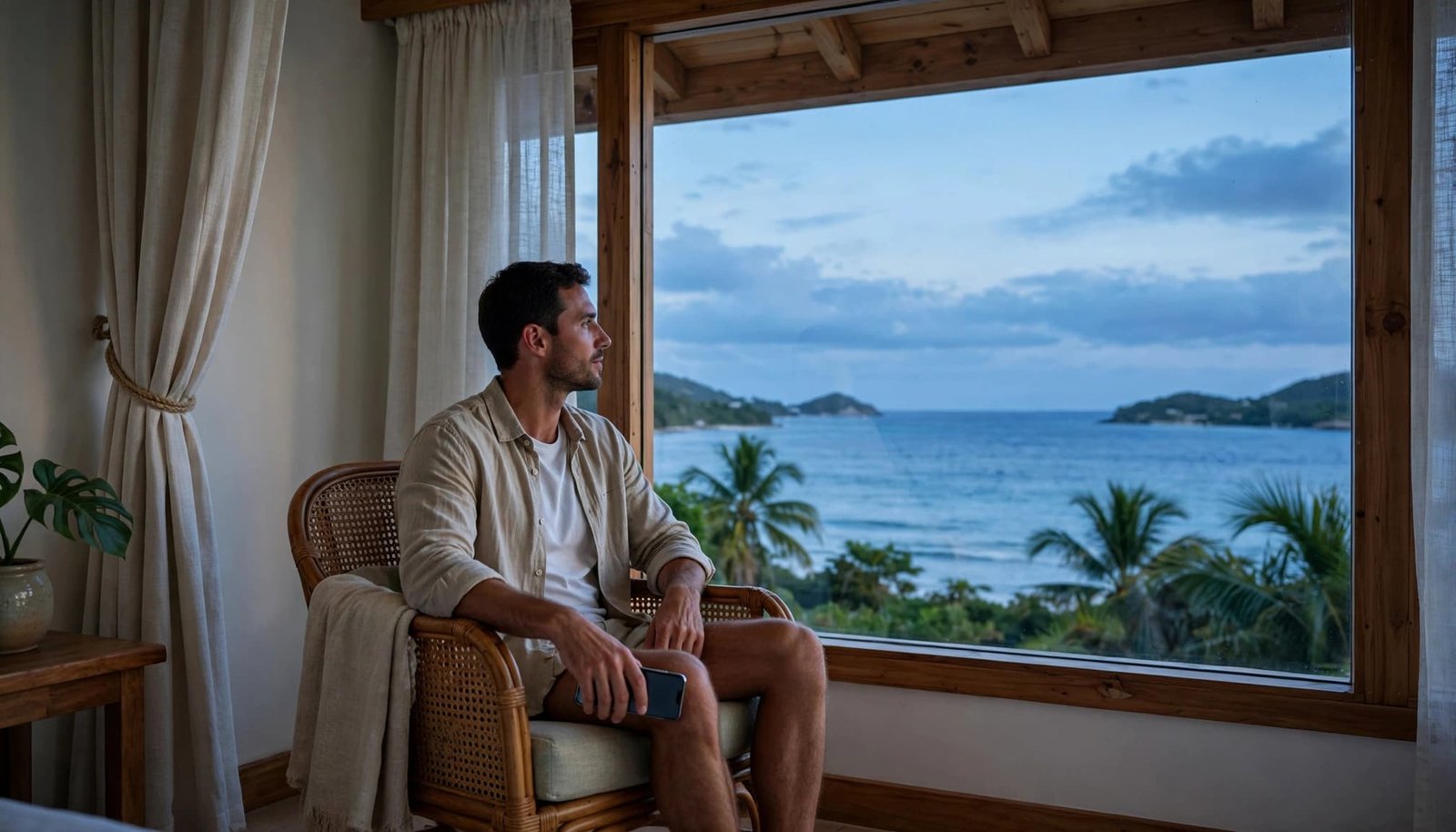 A traveler sits by a resort window, holding a phone while looking toward the ocean.