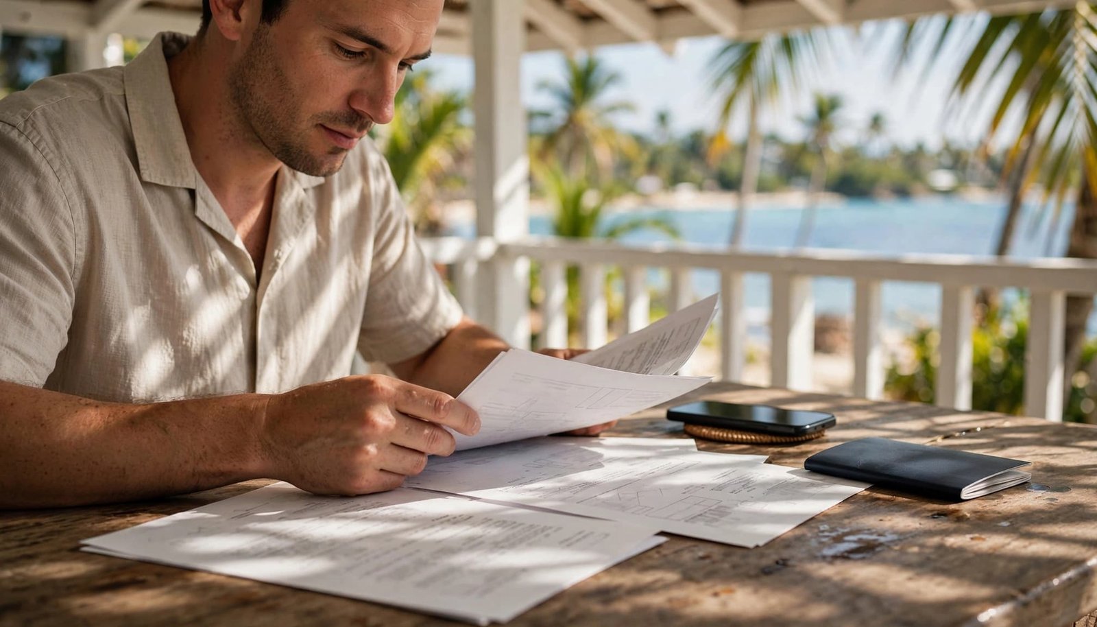 A traveler reviews resort papers beside a closed passport and phone on a shaded veranda.
