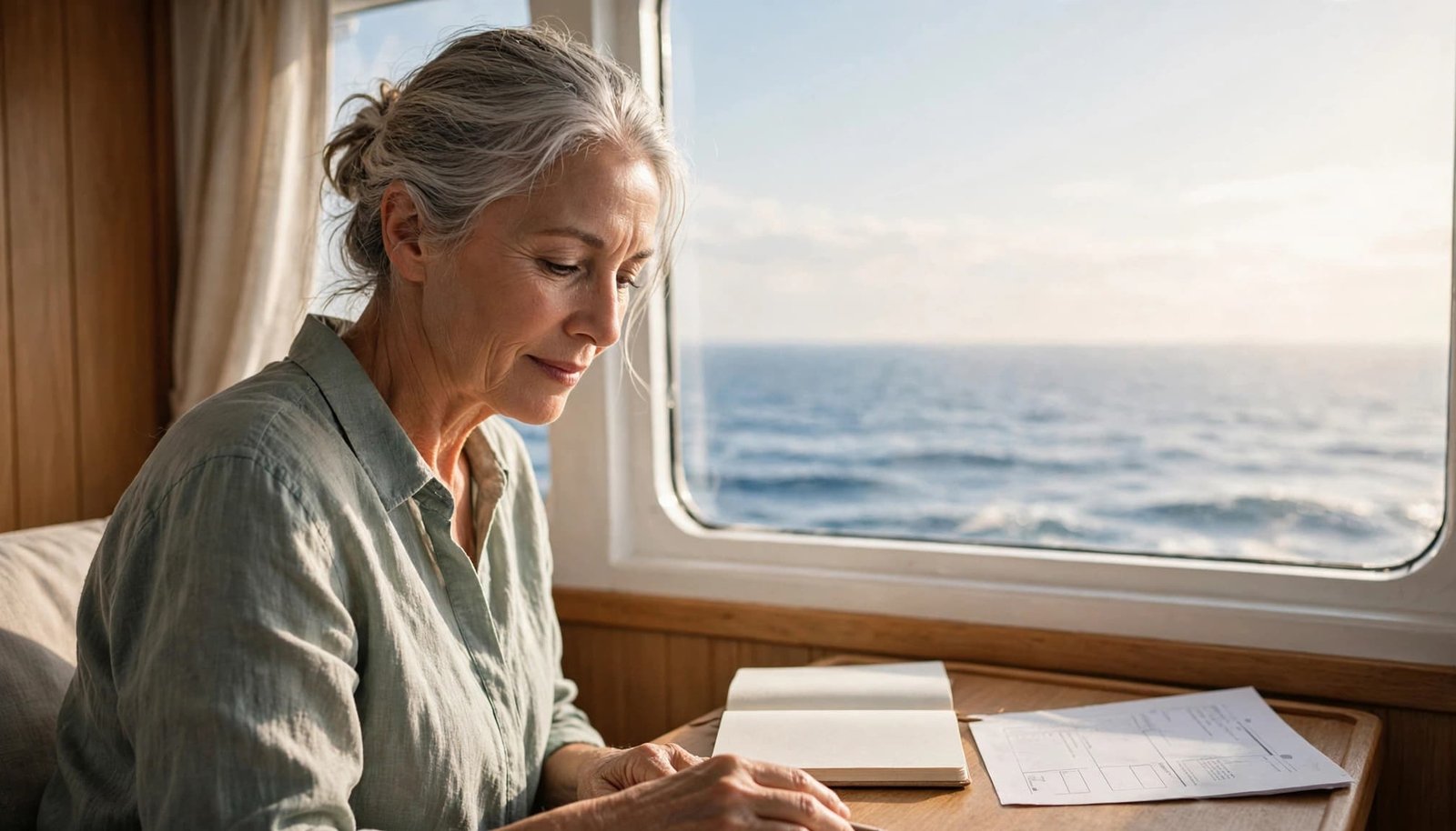 Traveler planning beside a cabin window with an itinerary and notebook overlooking the ocean.