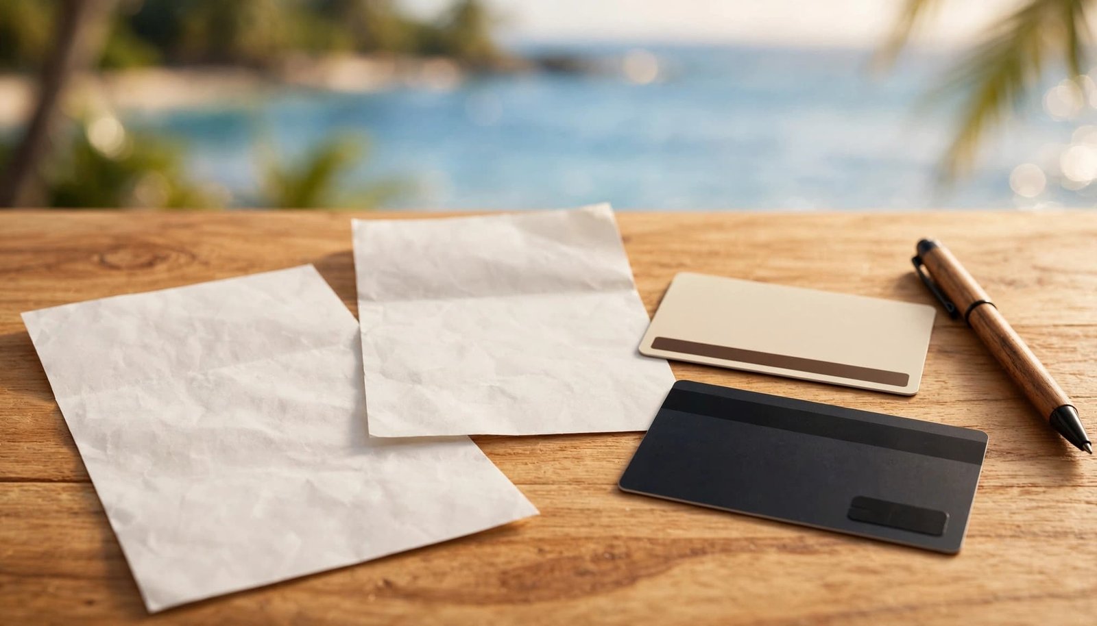 Booking papers, a resort key card, a face-down card, and a pen on a table by the sea.