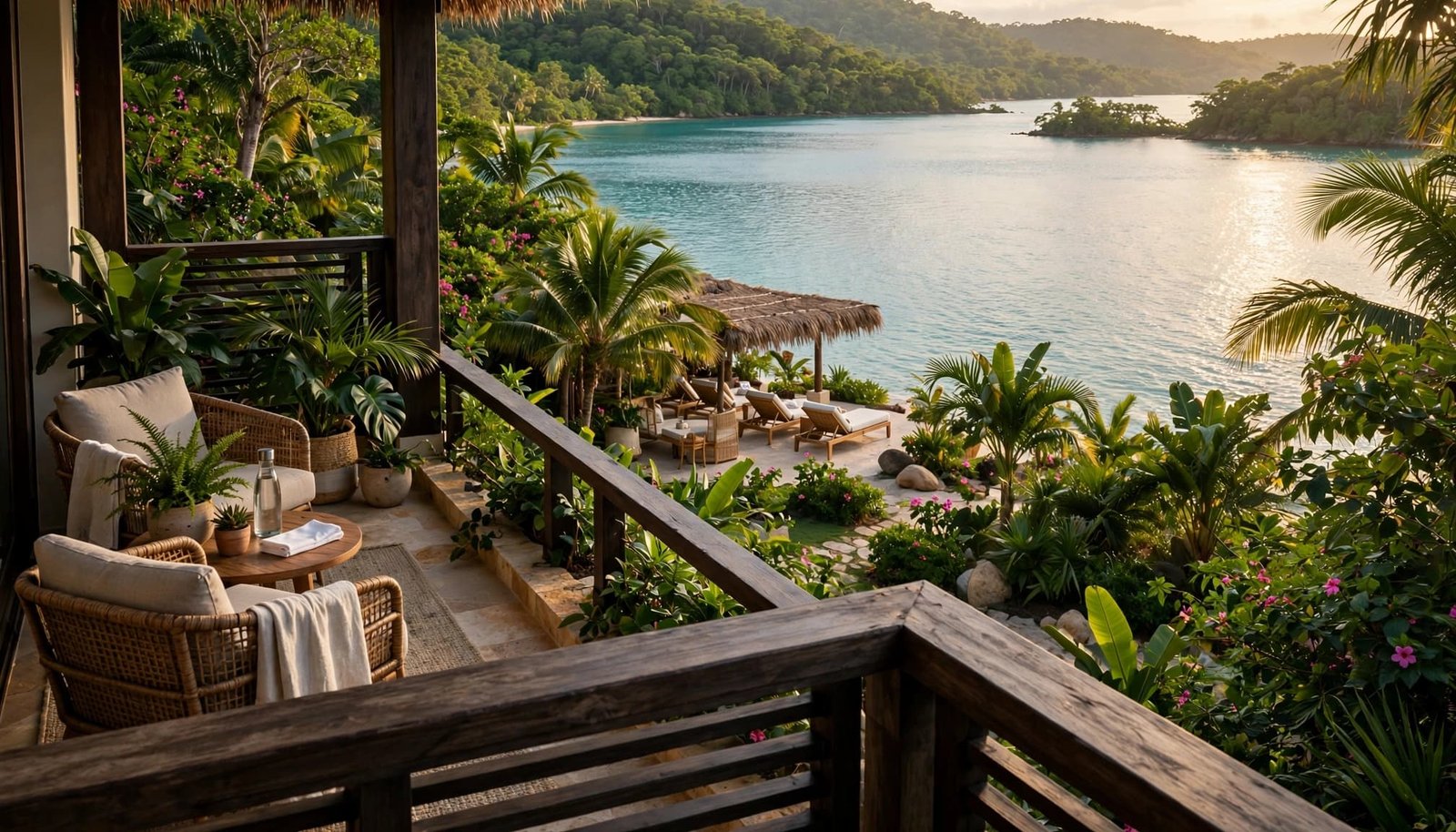 Two seating areas overlook turquoise water from a tropical resort balcony.