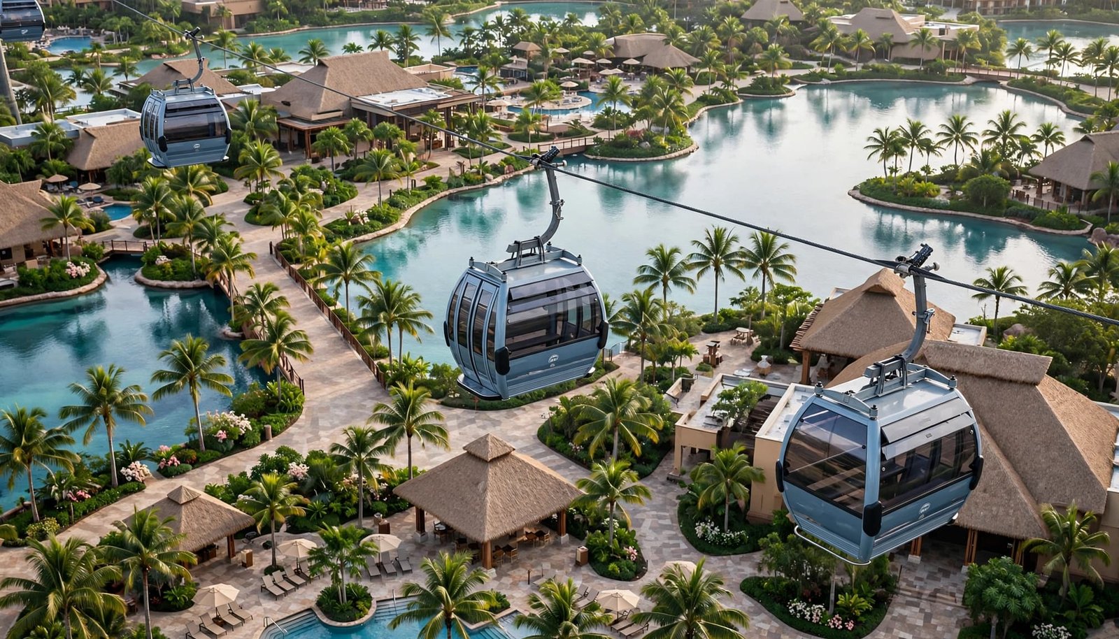 Gondola cabins pass above a lagoon, palm-lined paths, and resort rooftops.