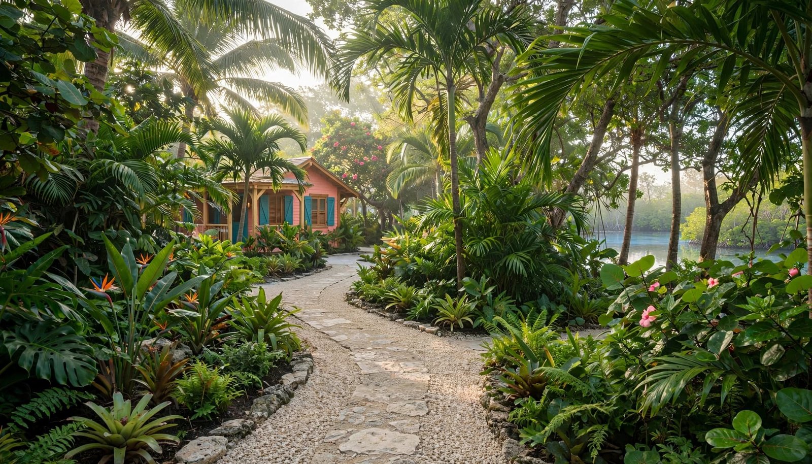 A palm-lined path leads to a colorful village building beside a lagoon.