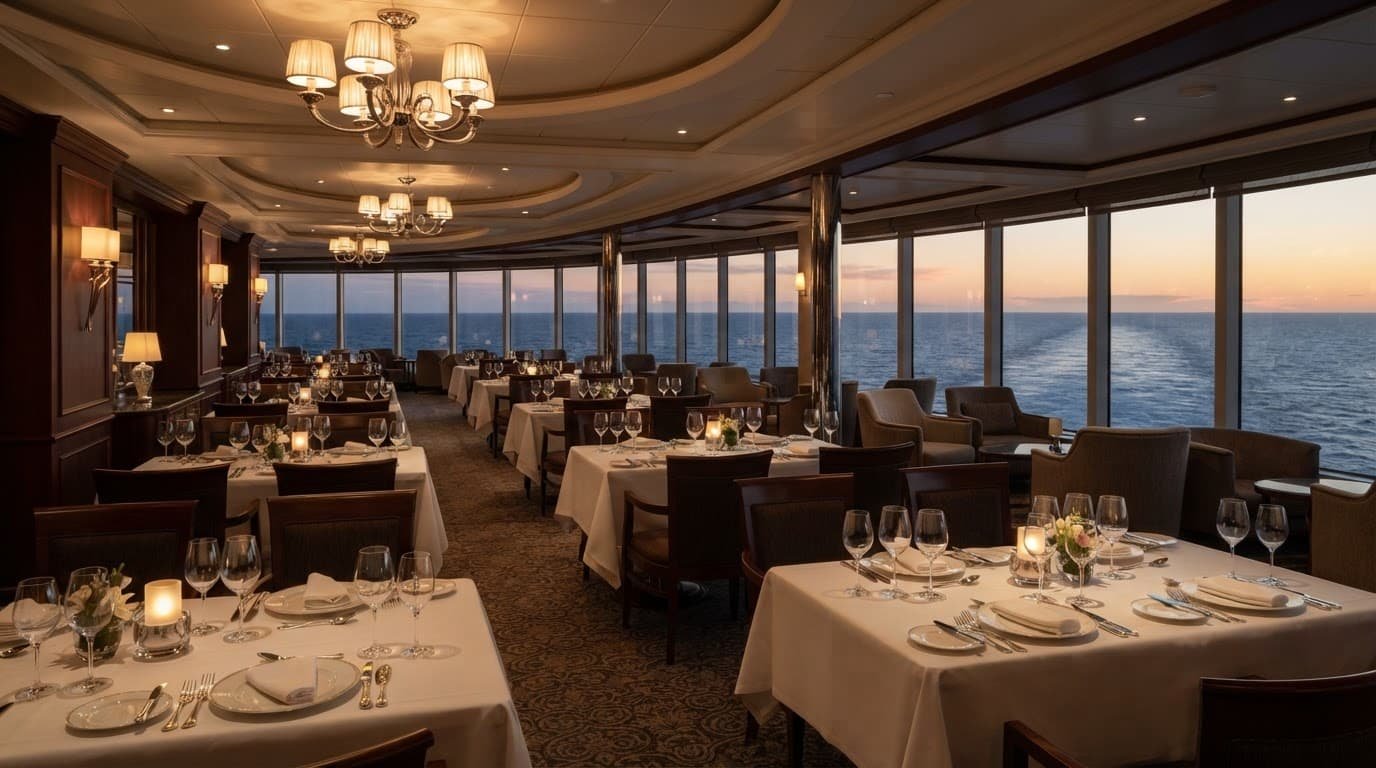 Elegant cruise restaurant with polished tables, ocean views, and a quiet lounge area.