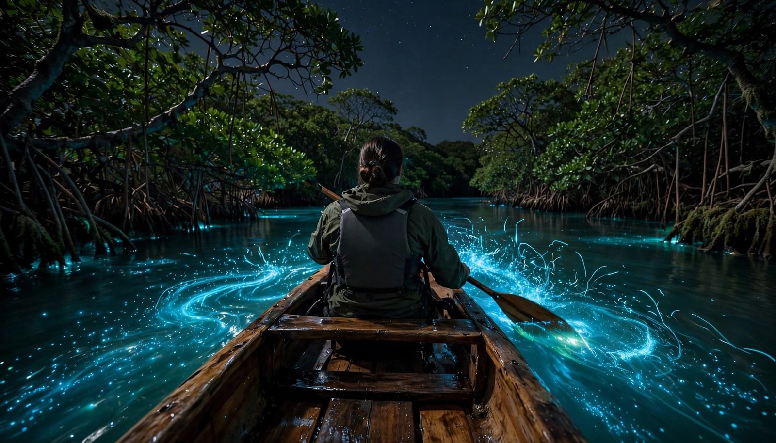 A lone kayaker leaves a blue-green glow across dark water beside mangroves.