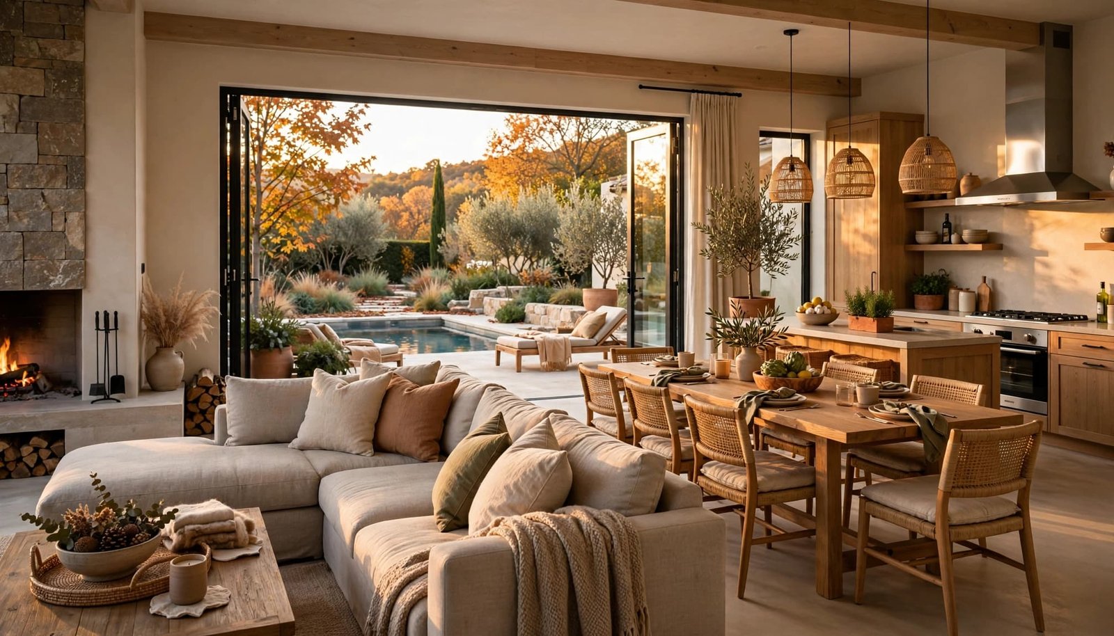 Open-plan villa living room with a sectional, dining table, kitchen, fireplace, garden, and pool.