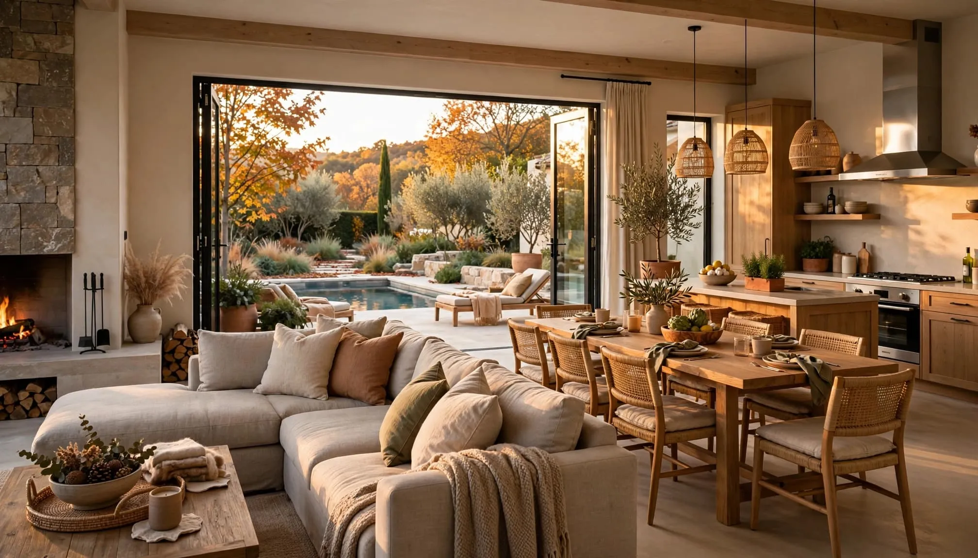 Open-plan villa living room with a sectional, dining table, kitchen, fireplace, garden, and pool.