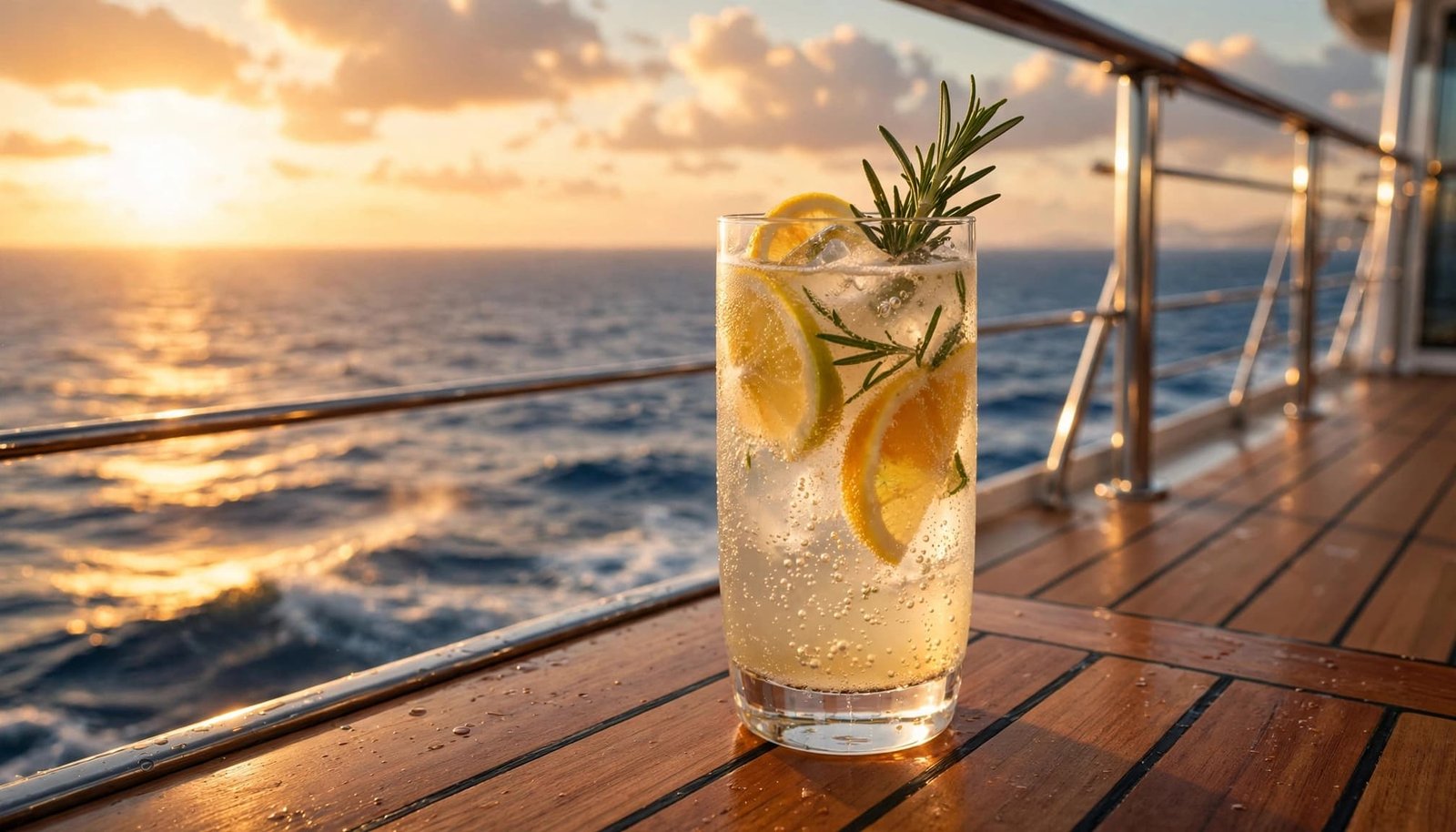 One citrus herb mocktail on a cruise deck overlooking the ocean at sunset.