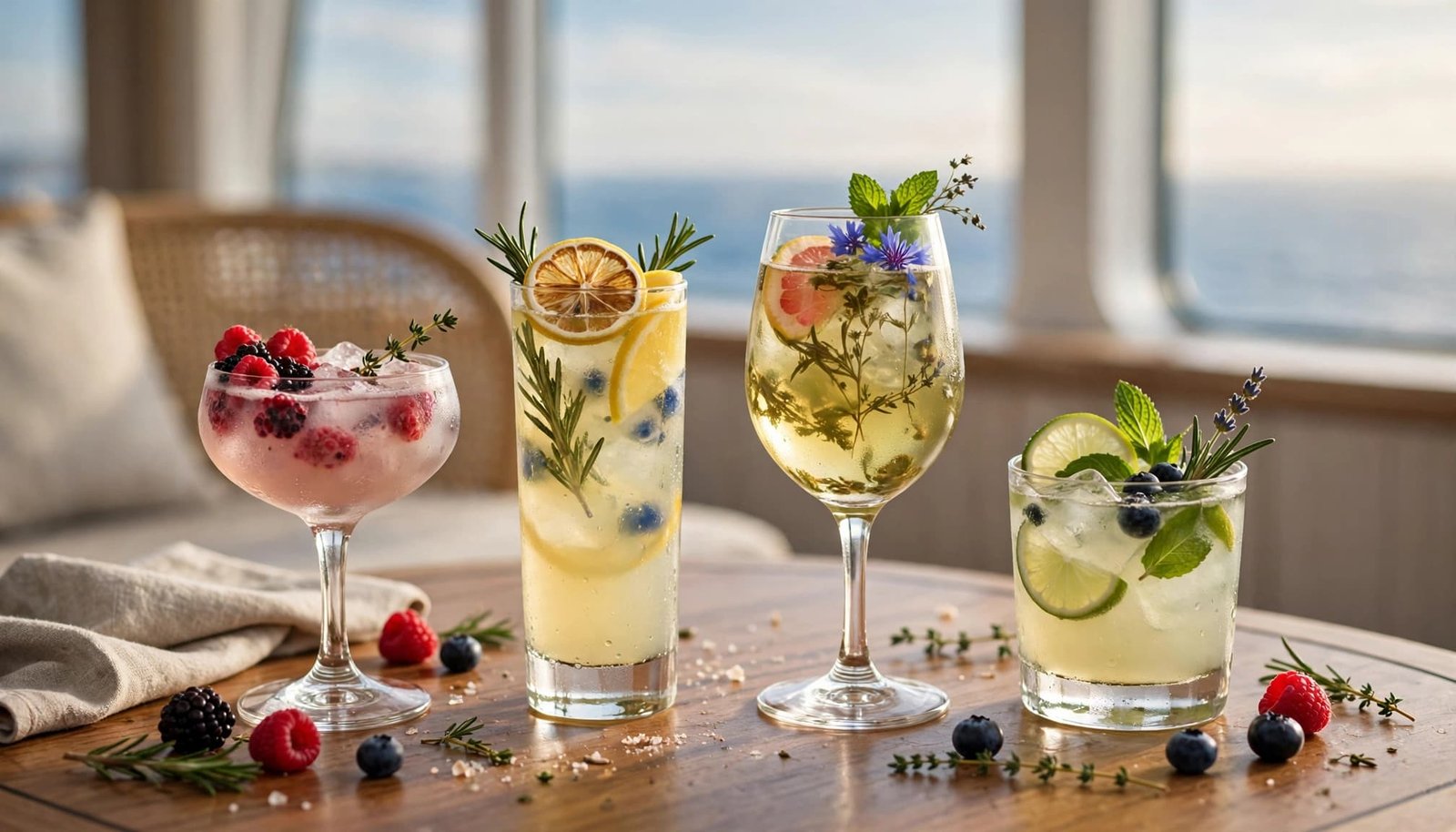 Four garnished alcohol-free drinks arranged on a cruise ship lounge table overlooking the ocean.