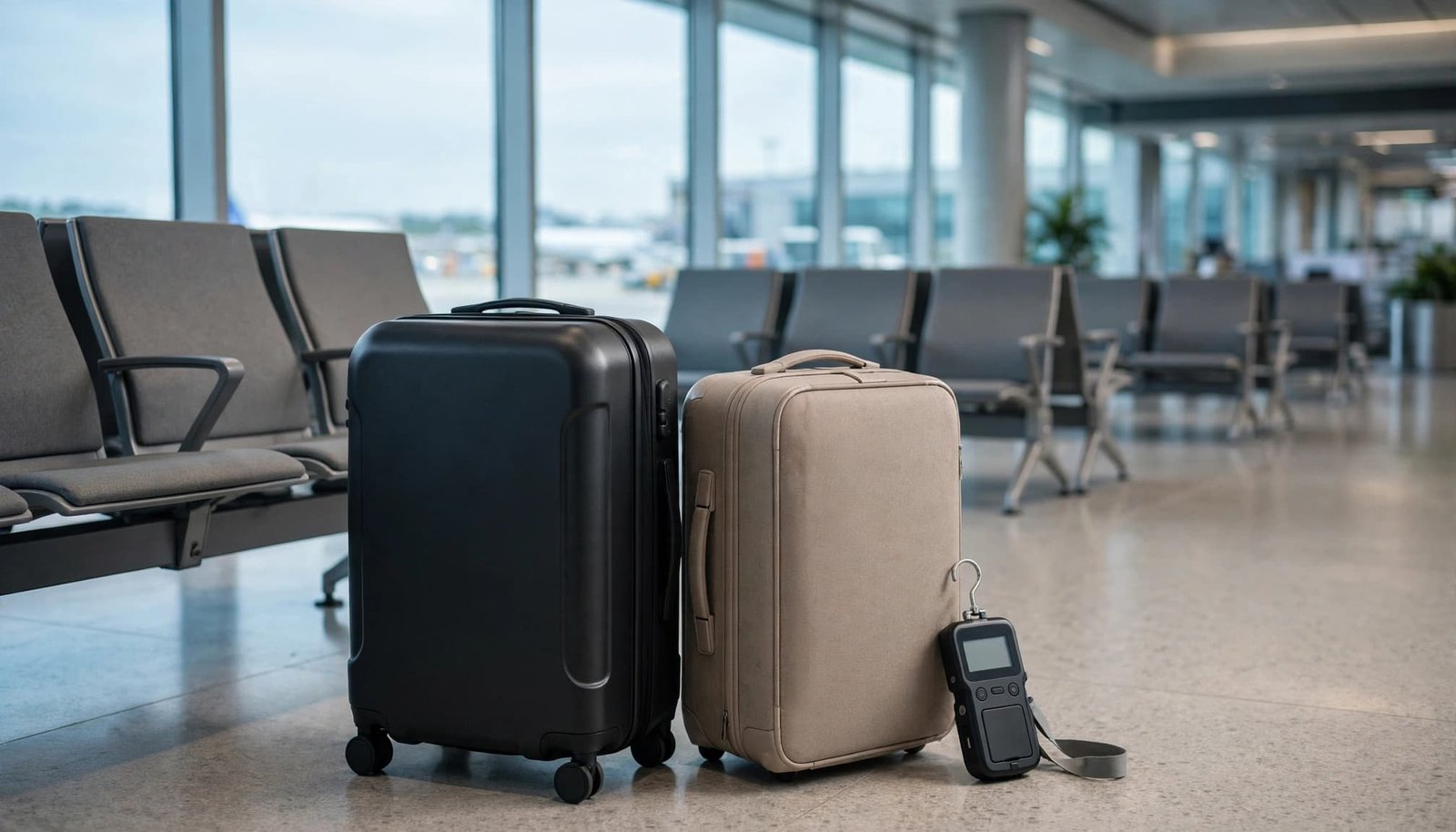 Two suitcases and a compact luggage scale sit beside empty airport seating.