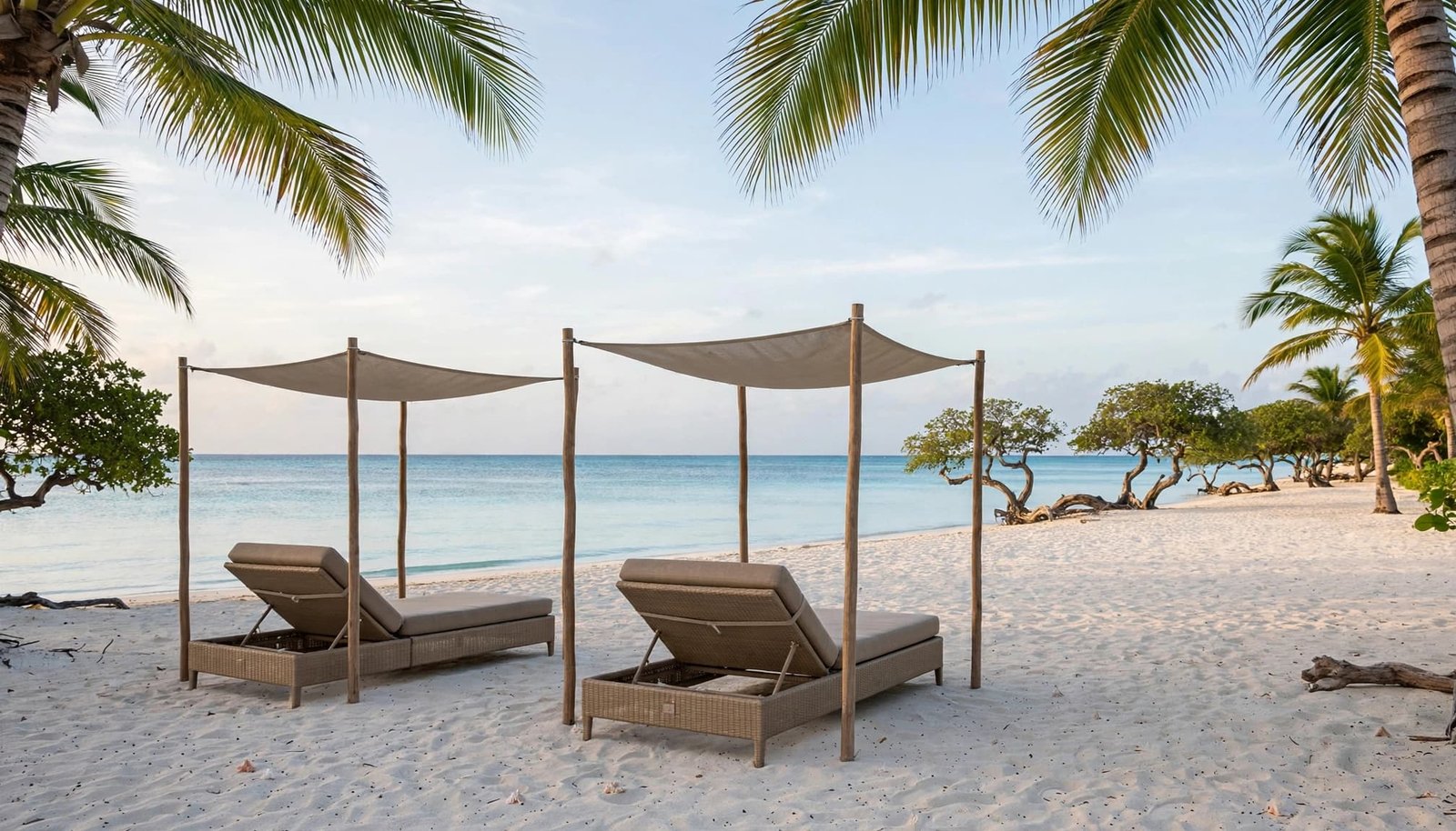 Two shaded loungers sit on a white sand beach facing the turquoise sea under palm trees.