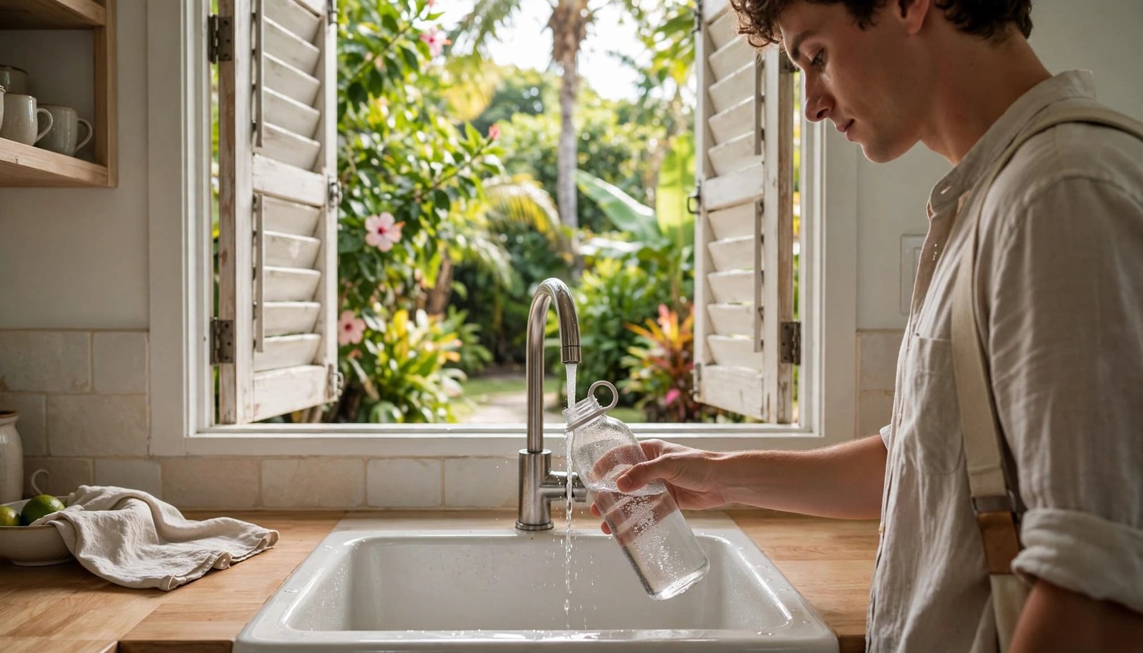 A traveler fills a clear reusable water bottle from a kitchen tap with a tropical garden visible outside.